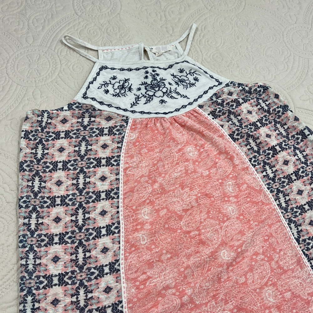 Jolt Womens Coral Navy Boho Embroidered Halter Tank Top‎ Mixed Print Large